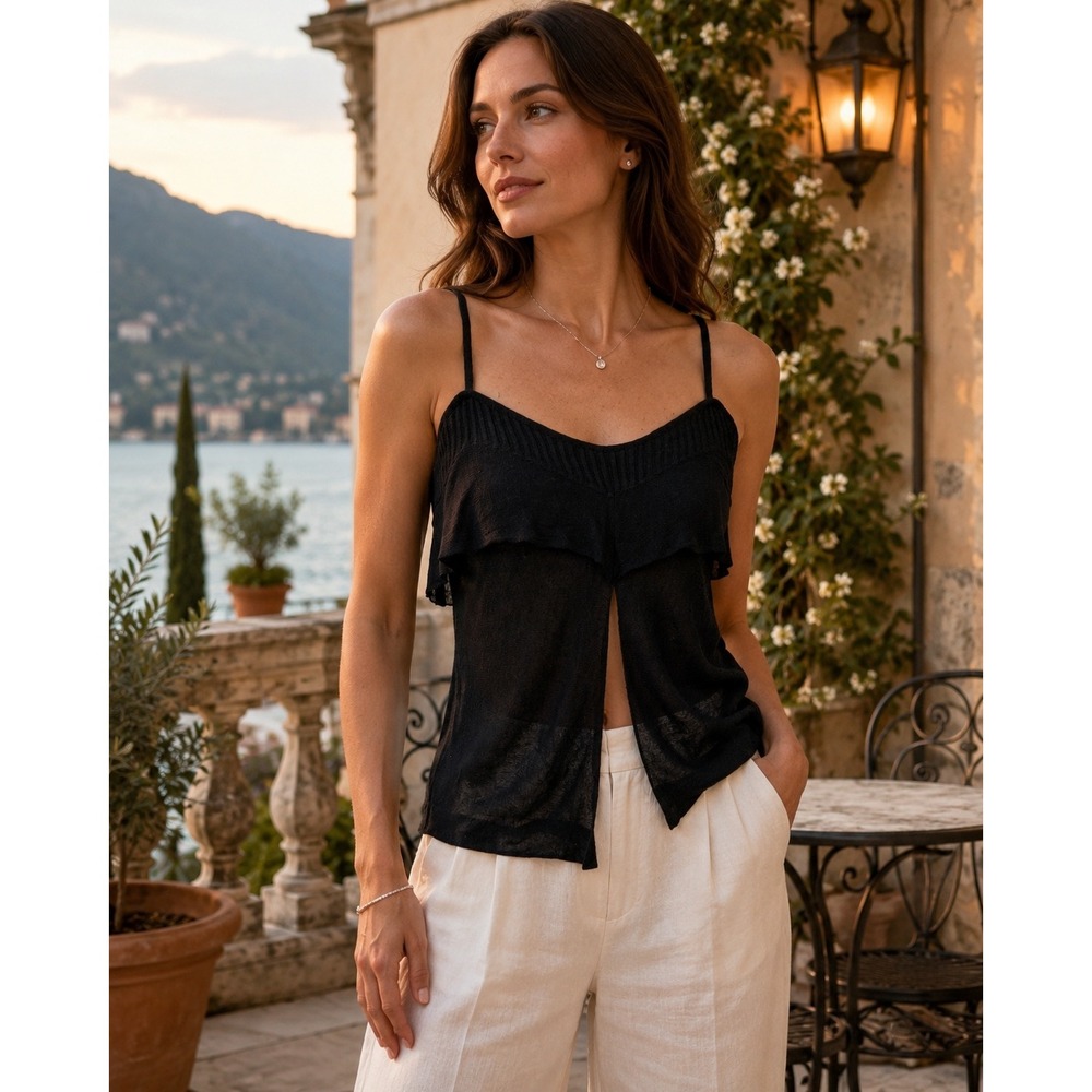 Emporio Armani‎ Black Linen Blend Semi Sheer Knit Crossback Ruffle Tank IT42 US6